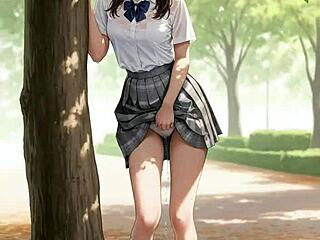 japanese school girl in a park aroused to squirting orgasm