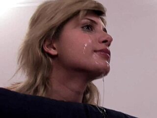 Short-haired blonde gets face fucked