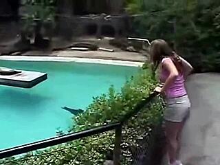 Little april fingers her tight pussy outdoors alone