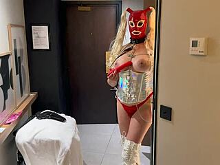 sumisa hot wife masturbating red latex mask and high heels