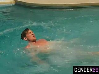 Four shemales enjoy blowjob and bareback pool party