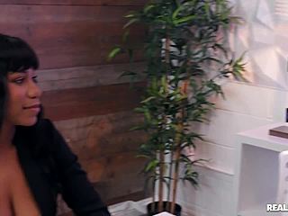 Oh wow, that ebony boss licks her co-worker's big cock in the office!
