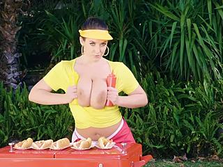 This Bombshell Brunette With Big Natural Tits Serves Hot Dogs Outdoors. Her Naked Boobs and Perfect Body Amaze!