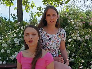 Skinny teen with small tits sucks cock outdoors