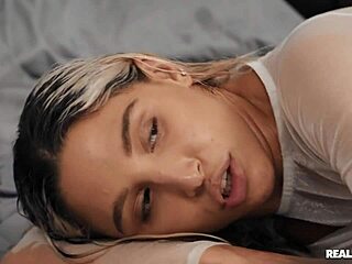 Blonde bimbo rides boyfriend's cock in cowgirl position, getting sweaty and breathless with her tight pussy and hairy ass on display.