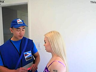 Blonde bimbo bangs Asian mailman for job offers now!