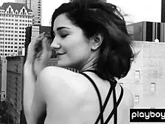 Skye Blue strips, revealing pierced nipples and big tits