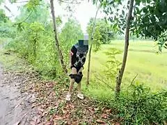 Thai-tjej böjd över visar fitta vid vägkanten