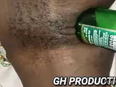 Black slut spreads for club bottle in pussy and ass