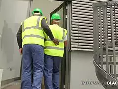 Blonde nathaly cherie takes on 5 black cocks in interracial gangbang with double penetration action.