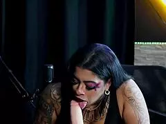 hey guys check out this morena showing off her blowjob skills on that toy leaving it all slobbery - marcelly melo in sheer red