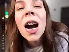 Intense shaved student slut Monika fingers tight pussy with huge dildo until squirting orgasm in wild amateur webcam solo