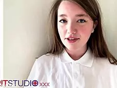 British teen 18+ in a polo shirt gives a sloppy blowjob outdoors. She swallows cum like a pro next door.