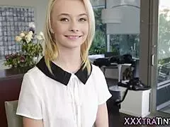 this tiny blonde teen steps into the scene rubbing her petite body with small tits in high definition leading to cumshot on her young frame