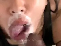 Asian slut goes sloppy on big black cock with deepthroat swallow and facial cumshot