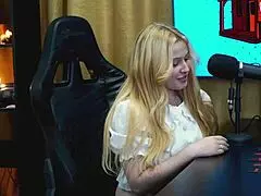 why is this blonde latina teen with big tits and ass on all fours showing pussy in tiny panties during podcast?