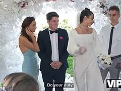 Hey, check this out – the bride gets fucked hard in stockings at her wedding! 😈 Guests watch as she takes anal creampie outdoors.