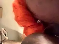 Ebony babe sucks massive cock in hotel, then rides missionary style for wet creampie in her big ass.