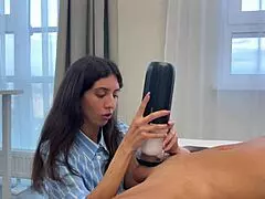 Brunette Babe Gives Huge Cock Powerful Cumshot Handjob With Massage Toy in Outdoor Public Jizz Scene