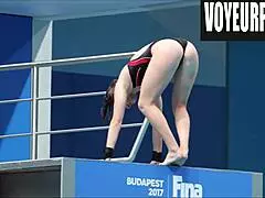 In a casual voyeur scene, young women in bikinis perform high dives with hidden camera views on their legs and asses.