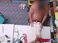 Small tit teen thief performs oral and takes intense vaginal penetration from man