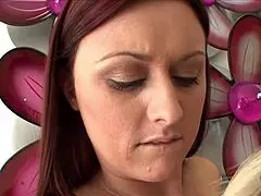 redhead lesbian licks tight pussy and small tits in heels before living room sex toy play