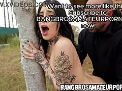 Tattooed teen unleashes wild public garage cowgirl on massive cock