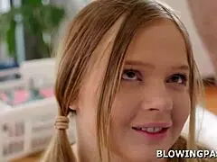 Petite teen blonde delivers sloppy deepthroat tip for crew