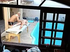 poolside massage turns into oiled handjob blowjob and wet fingering session