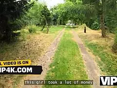 Babe with pierced nipples tattoos seduces guy for forest FUCK