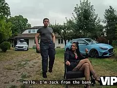 Babe with pierced nipples tattoos seduces guy for forest FUCK