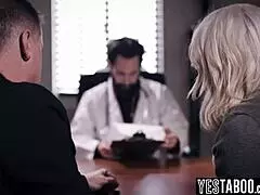 cunning doctor titty fucks big tits milf while husband watches helplessly