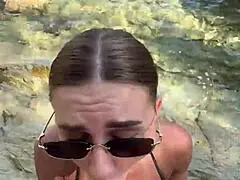 Wild stranger blowjob explodes cum all over face and huge tits on beach!