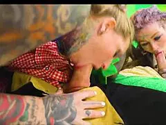 skinny tattoo slut's alternative costume anal double penetration ends in sloppy facial