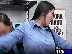 cute asian teen shoplifter gets fucked hard by two security guards in uniform threesome