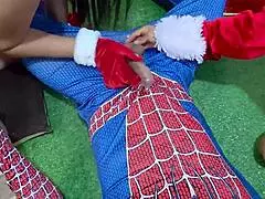 stepsisters squirt wild with spiderman at xmas! 🎄💦👅
