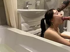 damn this cute teen sucks cock so good in the bathroom close-up