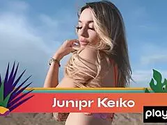 Petite inked blondie Junipr Keiko strips small tits naked outdoors