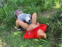Horny Colombian flashes tits while black guy pounds her outdoors