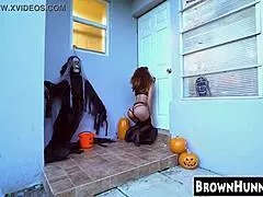 CHOCOLATE EBONY TEEN PUSSY TREATED TO BIG COCK HALLOWEEN FUN!