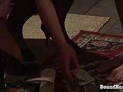 submissive slave models tight silk outfit in consignment 3 bondage session