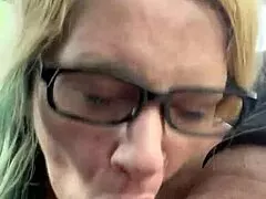 Glasses-wearing hooker sensually deepthroats then gulps every cum drop