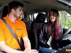 Redhead teen bends over for blowjob in car
