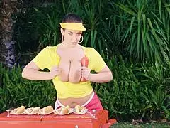This Bombshell Brunette With Big Natural Tits Serves Hot Dogs Outdoors. Her Naked Boobs and Perfect Body Amaze!