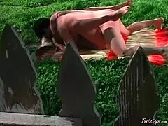 In a retro outdoor setting, a super hot blonde whore with gorgeous big tits SUCKS and FUCKS a big pulsing cock