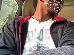 In a parked car, the young ebony amateur wanks solo with intense handjob until cumshot.